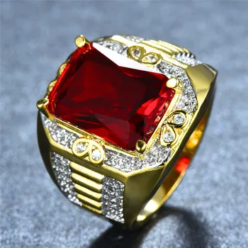 Luxe Stil Masculin Big Red Stone Ring Moda Aur Galben Inel Vintage de Mireasa Inele de Logodna Pentru Barbati Femei CZ Bijuterii