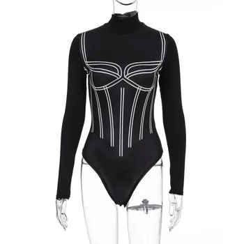 LVINMW Linie de Moda de Imprimare Turltneck Maneci Lungi Skinny Costume 2020 Primăvară Femei Negru Stretch Slim Romper de sex Feminin Streetwear