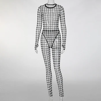 LVINMW Sexy Carouri Transparent Retro Skinny Slim Mozaic Femei din Două Piese Set O-Neck Maneca Lunga Gaura Costume de Înaltă Talie Pantaloni
