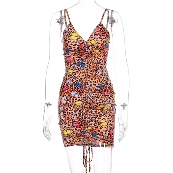 LVINMW Sexy Cordon Ruched Leopard Fluture de Imprimare Rochie Mini Nou de Vară 2020 Femei Spaghete Curea Backless Petrecere Streetwear