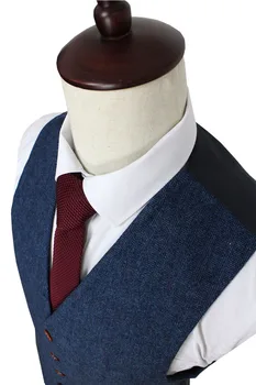 Lână Albastru Spic Retro domn stil personalizat costume pentru Bărbați croitor Sacou pentru bărbați costume pentru bărbați de 3 piese (Sacou+Pantaloni+Vesta)