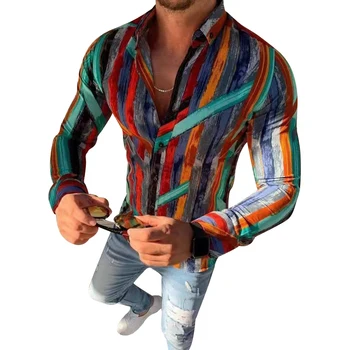 Mai nou Moda pentru Bărbați cu Dungi Colorate Print Slim Fit Cacă Afaceri Sociale Buton Rever Maneca Lunga de sex Masculin Bluza Haine de Toamna