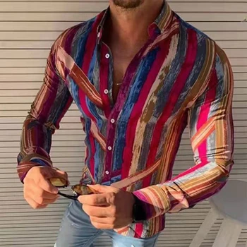 Mai nou Moda pentru Bărbați cu Dungi Colorate Print Slim Fit Cacă Afaceri Sociale Buton Rever Maneca Lunga de sex Masculin Bluza Haine de Toamna