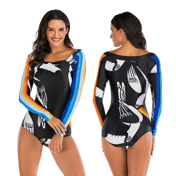 Maneca Lunga, Costume De Baie Femei De Imprimare Cu Fermoar Rashguard-O Singură Bucată De Costume De Baie 2020 Surfing, Scufundare Bodysuit Beachwear Spa Batingsuit