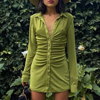 Maneci Lungi Buton-Up Catifea Rochie Mini Tricou Pentru Femei De Toamna 2021 Haine De Rever Ruched Rochie Bodycon Verde Elegante Toamna Streetwear