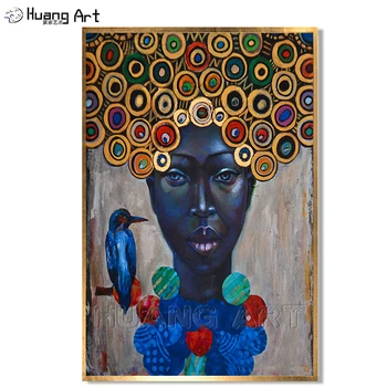 Manual de Înaltă Calitate, Moderne, Abstracte Cerc de Păr African Femeie și Pasăre Ulei Pictura Abstractă Artă Africană Pictura pe Perete Poza