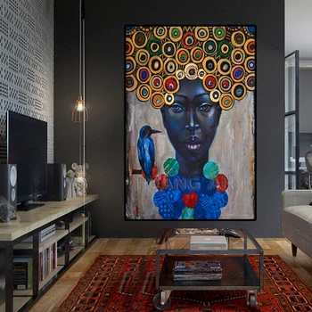 Manual de Înaltă Calitate, Moderne, Abstracte Cerc de Păr African Femeie și Pasăre Ulei Pictura Abstractă Artă Africană Pictura pe Perete Poza
