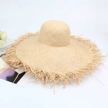 Manual Țese Rafie Pălării de Soare Pentru Femei 15cm Mare largă Pălărie de Paie pe Plajă în aer liber pălării de Vară Capace Chapeu Feminino