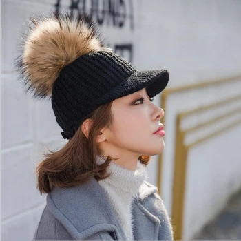 Mare Faux Blană de Raton Pompoms Sepci de Baseball de Înaltă Calitate Negru Alb Roșu Tricotate Pălării de Iarnă pentru Femei-coreean Snapback Cap