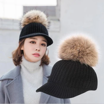 Mare Faux Blană de Raton Pompoms Sepci de Baseball de Înaltă Calitate Negru Alb Roșu Tricotate Pălării de Iarnă pentru Femei-coreean Snapback Cap