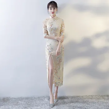 Mare Split Stil Chinezesc Femei Cheongsam Mandarin Guler Sexy Lady Qipao Dimensiuni Mari 3XL Vestidso Broderie Rochie de Flori S-521-9