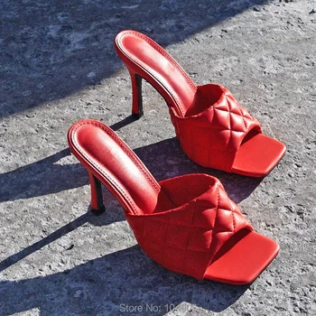 Marian Sqaure Toe Rosu Matlasat Catâr Tocuri de Pantofi PU Negru Pantofi cu Toc pentru Femei Sandale Sliper Femeie Pantofi zapatos mujer Alb Albastru