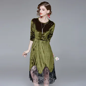 MARKOWO Desinger de Brand Nou temperament doamna de catifea fusta plisata cusaturi dantelă rochie cu maneci lungi