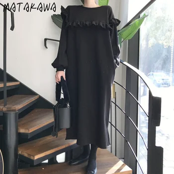 MATAKAWA Coreea de toamnă femeie simplă rochie solid ciuperca împletit halat femme gât rotund lantern maneca Femei Hanorace rochii