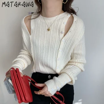 MATAKAWA Slim Fit Pulover cu mâneci Lungi de Femei coreene Chic de Primăvară Multi-buton fara Bretele Pulovere O-Gât Pulovere Femei