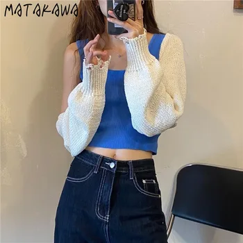MATAKAWA Toamna Stratificat Jumătate de lungime de Proiectare Scurt Tricot Pulover Slim Slim-montaj Vesta Două piese Set pentru Femei