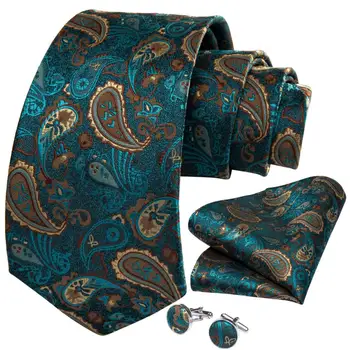 Matase de Lux Teal Verde Paisley 8cm Cravată Pentru Bărbați Rochie de Mireasa Cravata de Afaceri de Partid Cravată, batistă de Buzunar Butoni Set DiBanGu