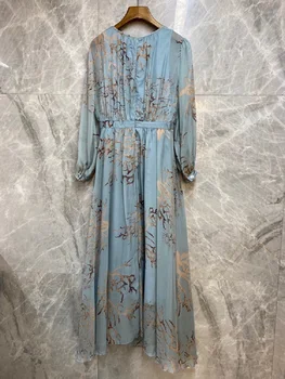 Matase Rochie Lunga 2020 Toamna Stil De Moda Femei O-Gât Imprimeuri Abstracte Maneca Lunga Petrecere Casual Elegant Albastru Rochie Maxi
