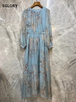 Matase Rochie Lunga 2020 Toamna Stil De Moda Femei O-Gât Imprimeuri Abstracte Maneca Lunga Petrecere Casual Elegant Albastru Rochie Maxi
