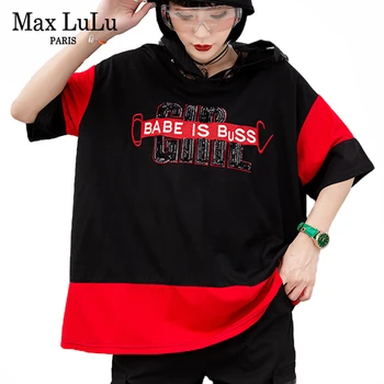 Max LuLu 2020 Topuri de Moda coreeană Doamnelor Casual de Vara Tricouri Femei Imprimate cu Glugă tricouri Femei Paiete Mozaic Haine