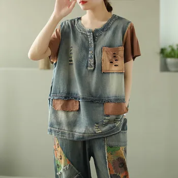 Max LuLu 2020 Vară de Moda Doamnelor de Epocă Găuri Tricouri Femei Mozaic Denim tricouri Femei Casual Rupt Topuri Plus Dimensiune