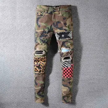 Mcikkny Bărbați Rupt Cutat Blugi Pantaloni De Moda Insigna Mozaic Pantaloni Din Denim Pentru Bărbați Streetwear