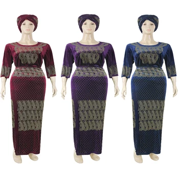MD 3 Bucăți, Seturi de Haine pentru Femei Velvet Top Costum Fusta Cu Turban Africane Petrecere Elegantă, Halat Dashiki Costum Musulman Moda Rochie de