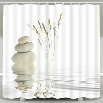 Meditație Design Impermeabil Poliester Baie Zen Stone Iarba Reflecție De Apă Perdea De Duș De 12 Carlige