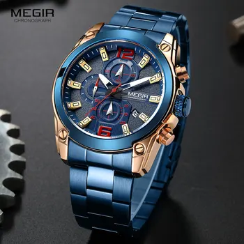 MEGIR Bărbați Ceasuri de Moda Albastru Stainess Oțeluri Cuarț Ceas pentru Omul de Lux Impermeabil Luminos Cronograf Ceasuri Relogio