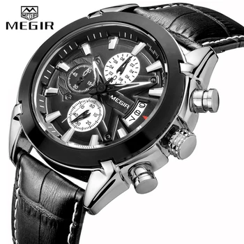 MEGIR Genuine Negru din Piele Ceasuri Barbati Brand de Lux Quartz racing bărbați Studenți Joc Rula Cronograf Ceasuri de mana