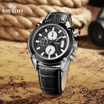 MEGIR Genuine Negru din Piele Ceasuri Barbati Brand de Lux Quartz racing bărbați Studenți Joc Rula Cronograf Ceasuri de mana