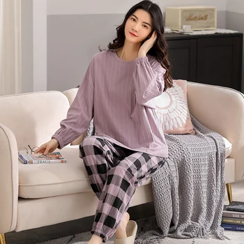 MELIFLE Primăvară Pură Violet Moale Pijama Seturi pentru Femei de Moda Toamna Satin Pijamale din Bumbac PIJAMA Atoff Acasă de Mătase, îmbrăcăminte de noapte