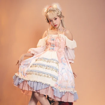 Melonshow Victorian Lolita Dulce Moale Plus Dimensiune Roz OP Fusta Vintage Rochii de Imprimare Fete Kawaii Loli Drăguț Rochie de Printesa