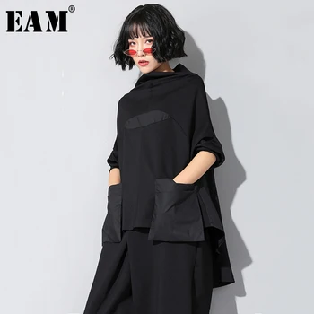 [MEM]2021 Nouă Primăvară de Toamnă de Înaltă Guler Maneca Lunga Negru Vrac Buzunar Cusatura de Tiv Neregulate Mare Dimensiune T-shirt Femei de Moda JQ018
