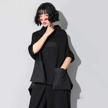 [MEM]2021 Nouă Primăvară de Toamnă de Înaltă Guler Maneca Lunga Negru Vrac Buzunar Cusatura de Tiv Neregulate Mare Dimensiune T-shirt Femei de Moda JQ018