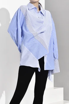 [MEM] Femei Albastru cu Dungi Asimetrice Supradimensionate Bluza Noua Rever Maneca Lunga Tricou Vrac se Potrivi Moda Primavara Toamna anului 2021 JZ6870