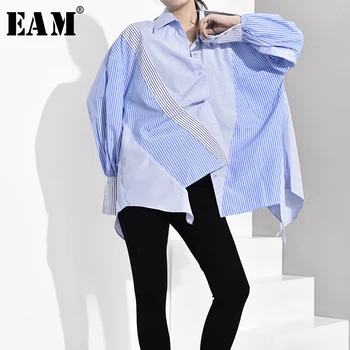[MEM] Femei Albastru cu Dungi Asimetrice Supradimensionate Bluza Noua Rever Maneca Lunga Tricou Vrac se Potrivi Moda Primavara Toamna anului 2021 JZ6870