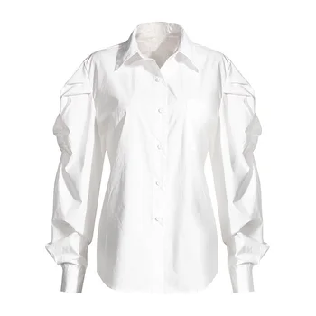 [MEM] Femei Albe Neregulate Fermoar Pu Bluza Noua Rever Lung mâneci Vrac se Potrivi Tricou de Moda Valul de Primăvară de Toamnă 2021 1Z594