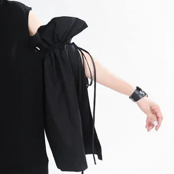 [MEM] Femei Bandaj Negru de Pe Umăr Cusătură T-shirt Nouă Rundă Gâtul Lung Flare Sleeve Mareea Moda Primavara-Vara 2021 1U654
