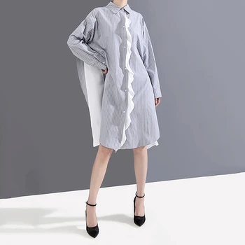 [MEM] Femei cu Dungi Îmbinat Supradimensionat Tricou Rochie Nouă Rever mâneci Lungi Vrac se Potrivi de Moda Valul de Primăvară de Toamnă 2021 1A882