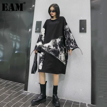 [MEM] Femei, Model Negru Imprimat cu Fermoar de Dimensiuni Mari Rochie Nouă Rundă de Gat cu Maneci Lungi Vrac se Potrivi Moda Primavara Toamna anului 2021 1Z873
