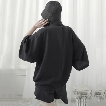 [MEM] Femei Negru Scurt de Dimensiuni Mari Bluza Noua Rever Maneca Trei sferturi Vrac se Potrivi Tricou Mareea Moda Primavara-Vara 2021 1U952