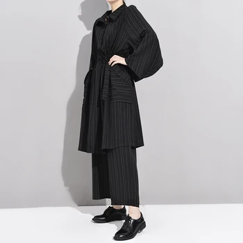 [MEM] Largi Picior Pantaloni cu Dungi, un Costum Nou Rever Maneca Lunga Negru se Potrivesc Vrac de Femei de Moda, Valul de Primavara Toamna anului 2021 YG218