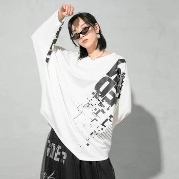 [MEM] pentru Femei Model de Imprimare de Dimensiuni Mari, Neregulate Negru T-shirt Noi Gât Rotund Maneca Lunga Mareea Moda Primavara Toamna anului 2021 1DD4582