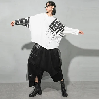 [MEM] pentru Femei Model de Imprimare de Dimensiuni Mari, Neregulate Negru T-shirt Noi Gât Rotund Maneca Lunga Mareea Moda Primavara Toamna anului 2021 1DD4582