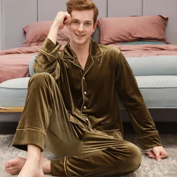 Mens Pijamale Set de Iarna Flanel Gros Cald Sleepwear Guler de Turn-down Butonul Talie Elastic pentru Bărbați îmbrăcăminte de noapte Haine de Acasă Pijamas