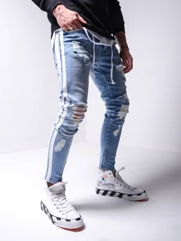 Mens vintage din denim skinny vara dungi de moda streetwear întinde biker slim fit jeans 2020 designer hip-hop-găuri slouchy jea