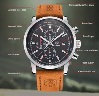 Mens Watch 2020 BENYAR de Lux Brand de Top Cuarț Ceas Sport din piele impermeabil Ceas cronograf Ceas militar Relogio Masculino