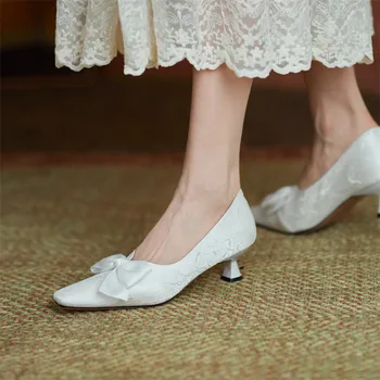 Meotina Femei Pantofi Deget De La Picior Pătrat Med Tocuri De Moda Toc Stilet Pompe Arc De Nunta Pantofi Doamnelor Încălțăminte De Primăvară Alb Plus Dimensiunea 43