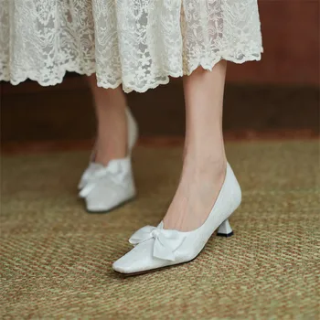 Meotina Femei Pantofi Deget De La Picior Pătrat Med Tocuri De Moda Toc Stilet Pompe Arc De Nunta Pantofi Doamnelor Încălțăminte De Primăvară Alb Plus Dimensiunea 43